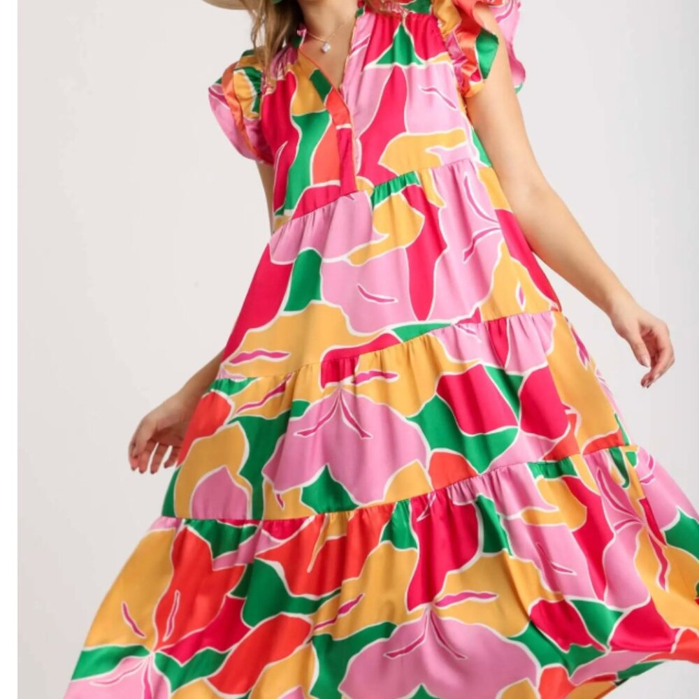 217.Satin Abstract Print A-Line Ruffle Neck Maxi Dress Layered Short Sleeves